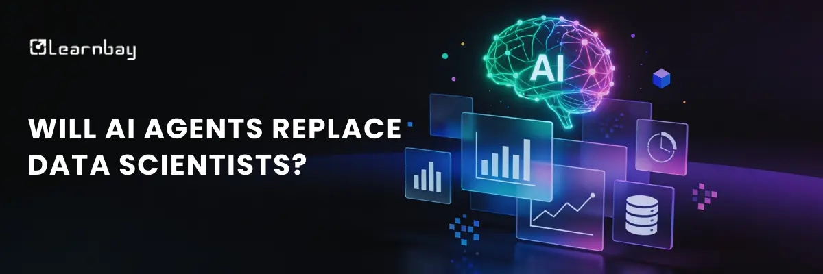 Will AI agents replace data scientists? Blog banner with a glowing AI brain and floating icons.