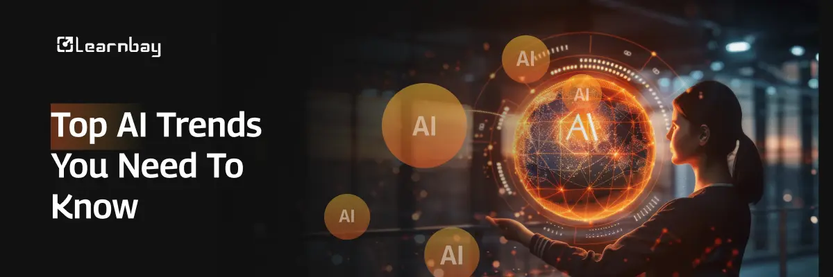 A blog banner image titled Top AI Trends You Need to Know – Woman with glowing digital globe showing AI innovations.